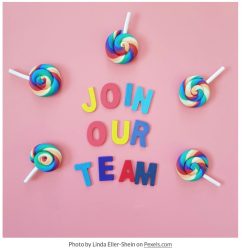 pink background with lollipops reads "Join Our Team"