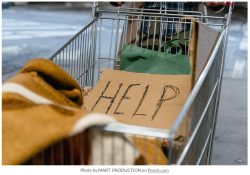 shopping cart with sign reading help